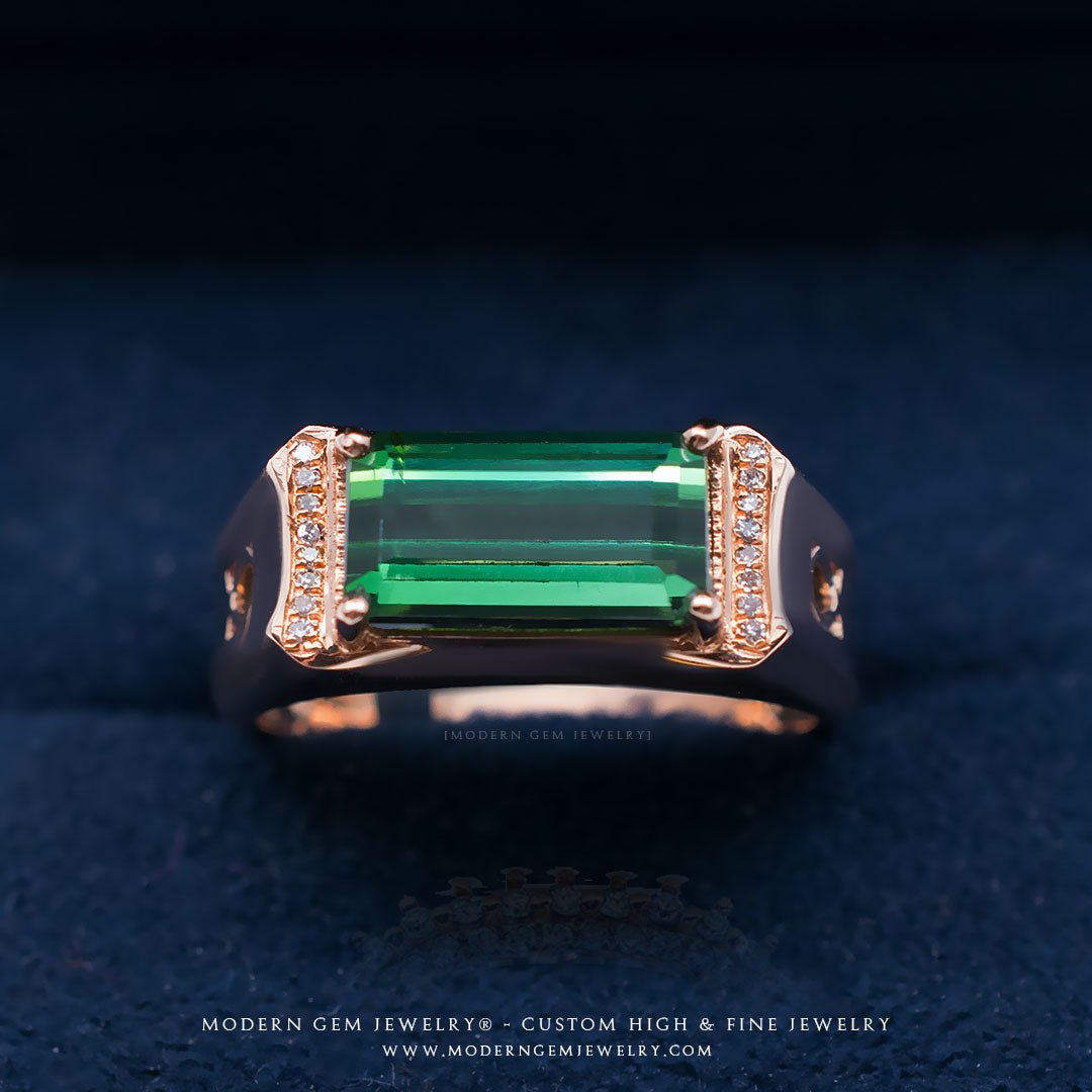 Green Tourmaline Engagement Ring & Diamonds In Rose Gold | Custom Rings | Modern Gem Jewelry | Saratti