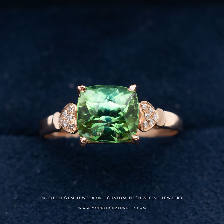 Tourmaline Ring & Diamonds Three Stone Set In Rose Gold | Custom Rings | Modern Gem Jewelry | Saratti