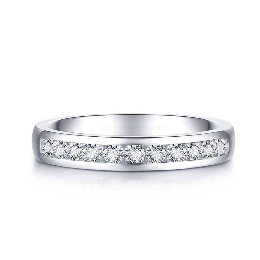 Channel Set Diamond Wedding Band in White Gold in White Background | Modern Gem Jewelry | Saratti