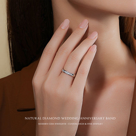Channel Set Wedding Band in White Gold on Female Finger | Modern Gem Jewelry | Saratti
