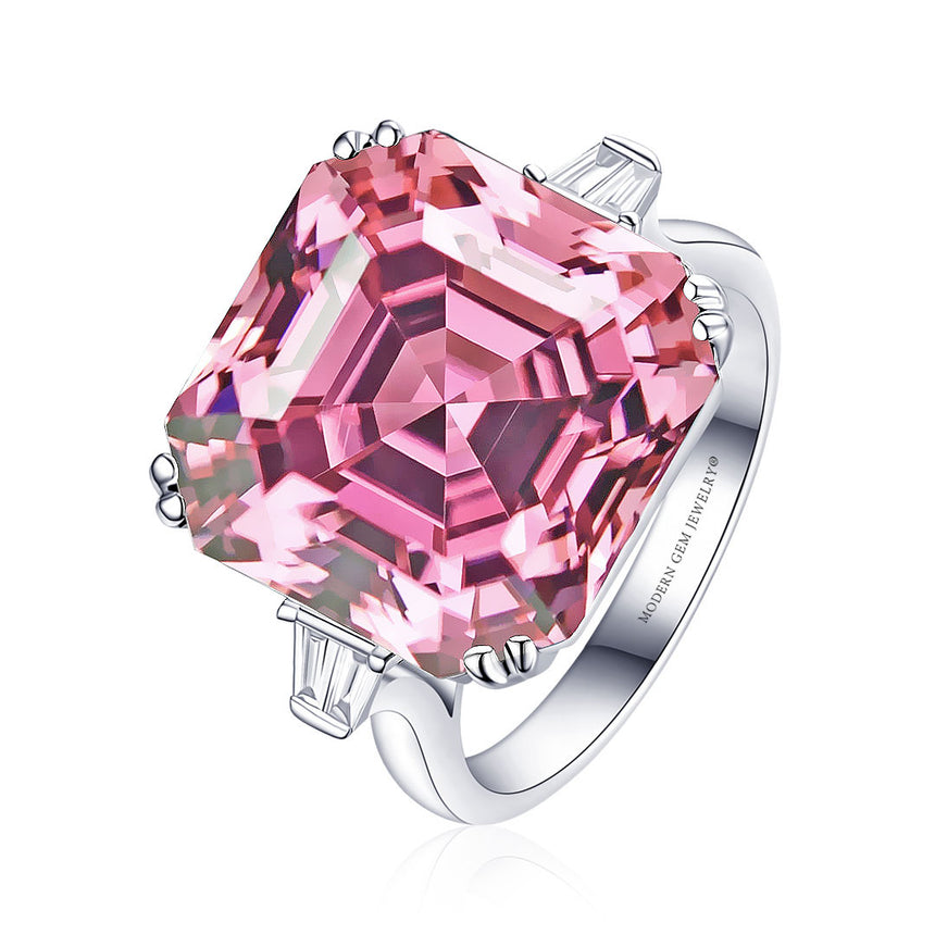 Tourmaline Ring with  Baguette-Cut Diamonds in White Gold | 8 carat Asscher Cut Pink Tourmaline Ring | Modern Gem Jewelry | Saratti