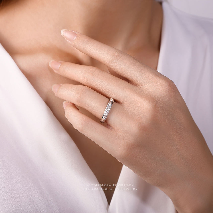 Diamond Emerald Cut Band Channel Set in White Gold on Female Finger | Modern Gem Jewelry | Saratti