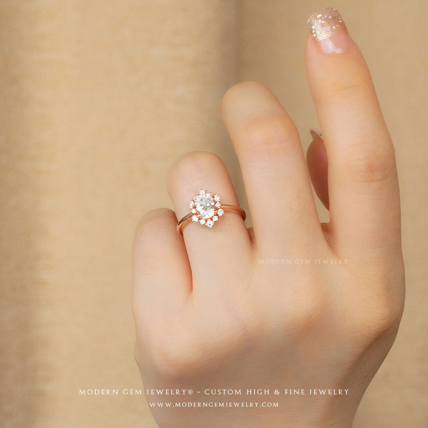 Sunflower motif moissanite engagement ring