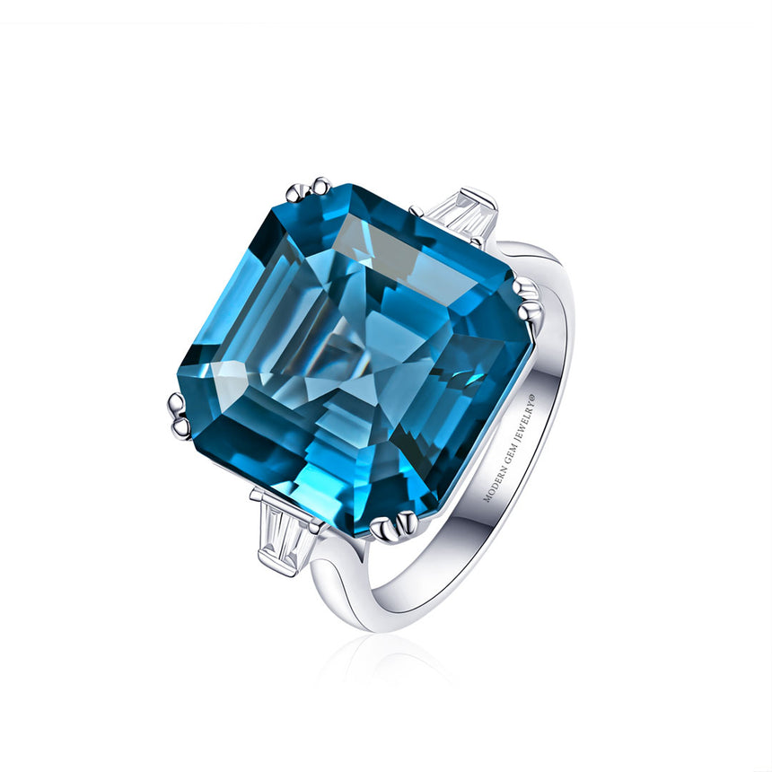 Three Stone Natural Diamond and London Blue Topaz Ring