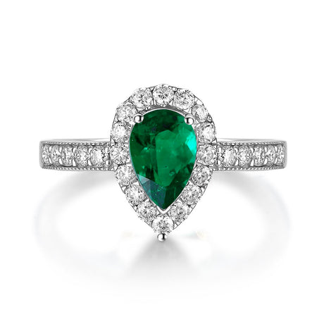 Emerald Cocktail Ring with Diamonds Halo in 18K White Gold | Modern Gem Jewelry | Saratti
