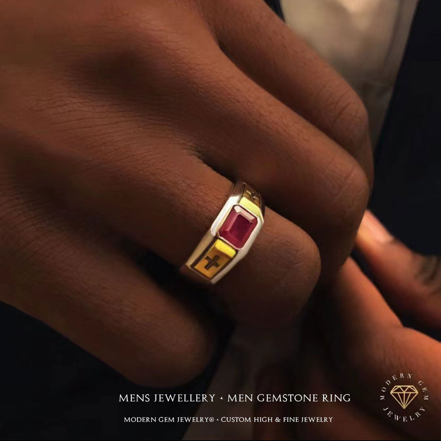 Red Men's Ring in Yellow & White Gold| Custom Engagement Ring | Modern Gem Jewelry | Saratti