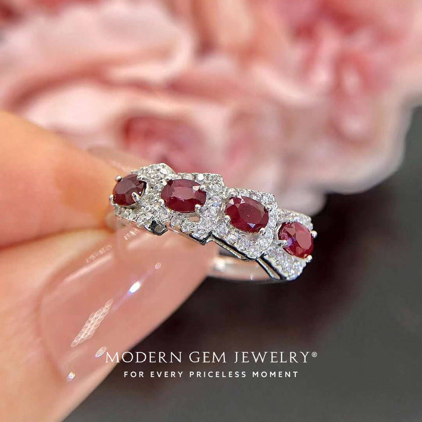 Red Ruby Ring with Natural Diamonds in 18K White Gold Ring | Modern Gem Jewelry | Saratti