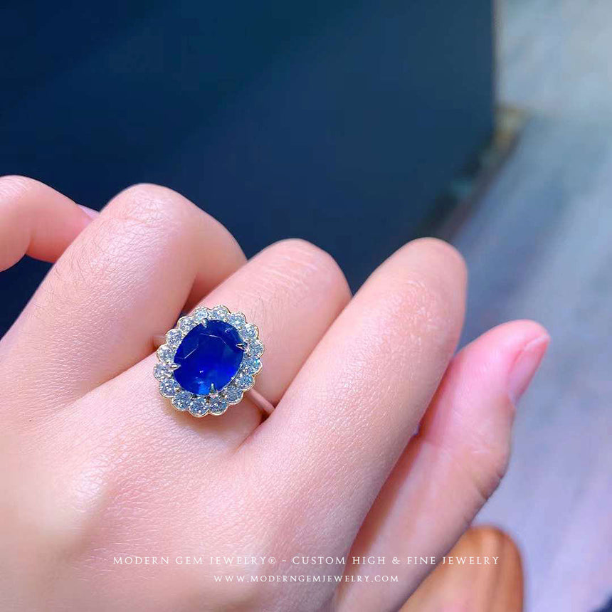 Diamond Halo Royal Blue Natural Sapphire Cocktail Ring