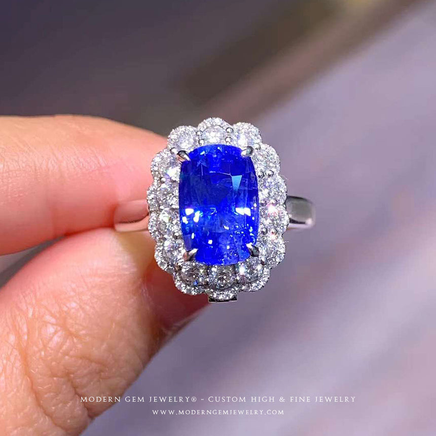 Natural Sapphire Double Diamond Halo Cocktail Ring