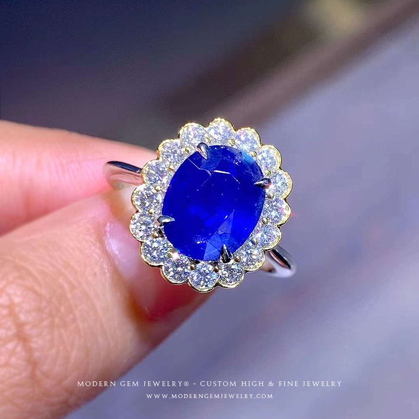 Natural Oval Royal Blue Sapphire and Diamond Ring in 18K White Gold