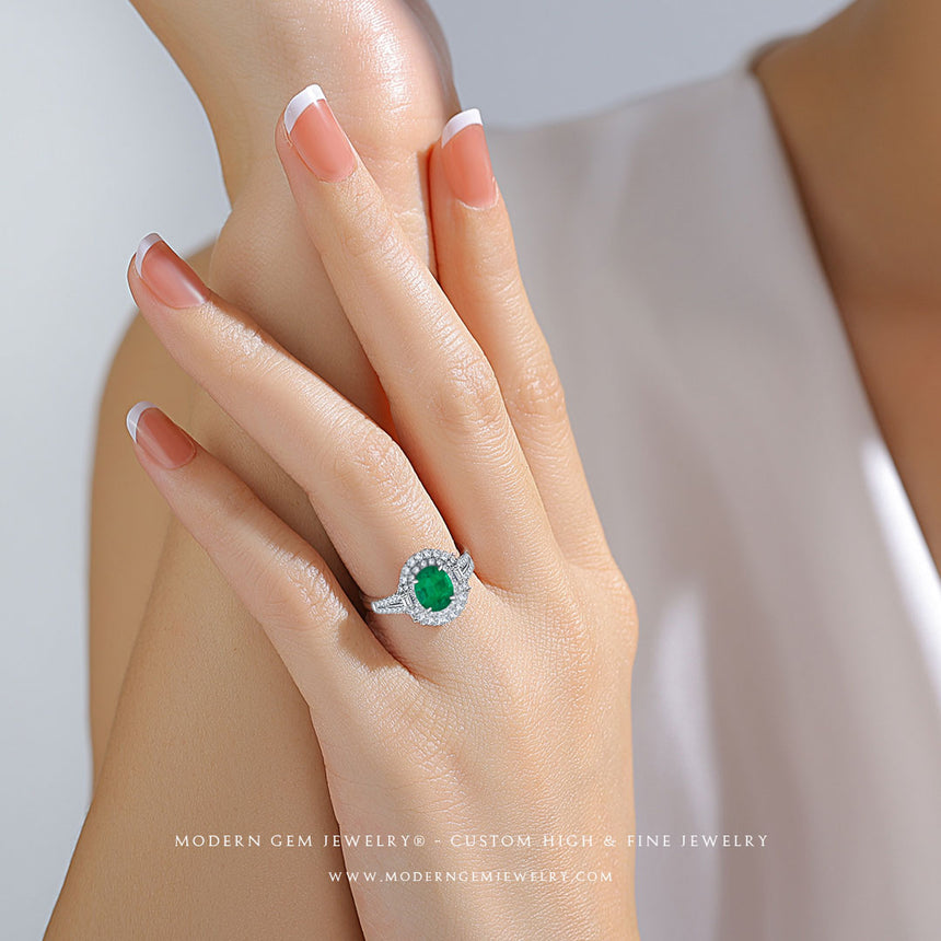 Natural Oval Emerald Ring with Double Natural Diamond Halo