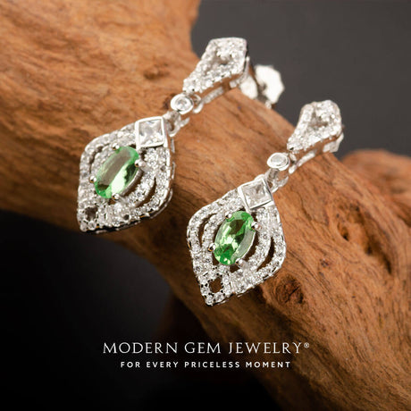 Natural Oval Tsavorite and Diamond Pave Earrings