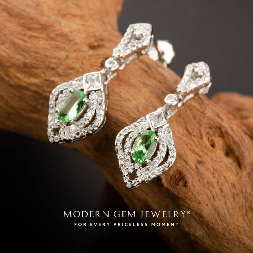 Natural Oval Tsavorite and Diamond Pave Earrings