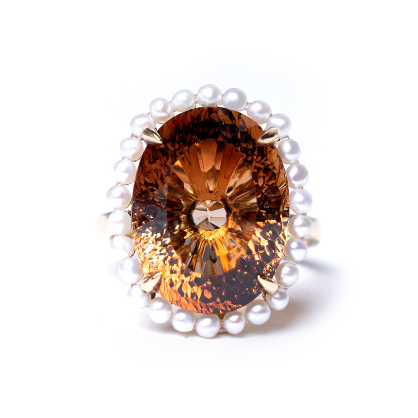 18K Yellow Gold Imperial Topaz Engagement Ring with Pearls- Modern Gem Jewelry | Saratti