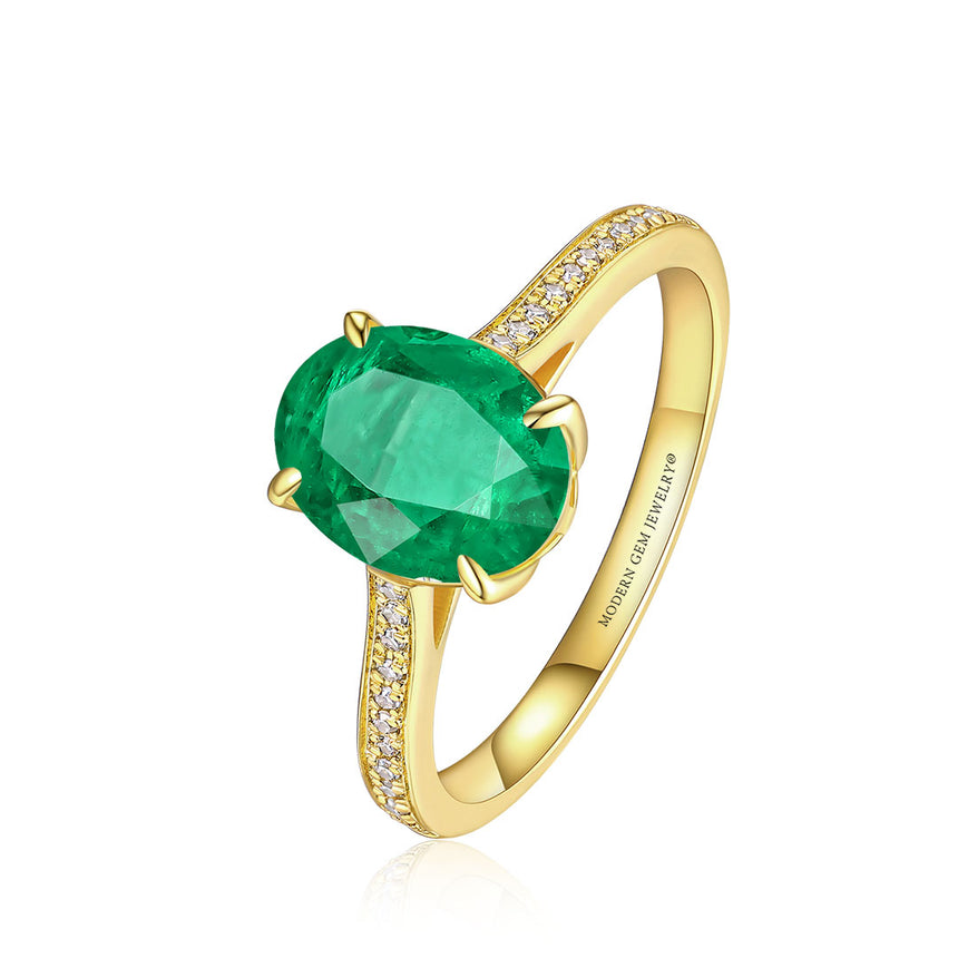 Pave Set Diamond and Natural Oval Emerald Ring
