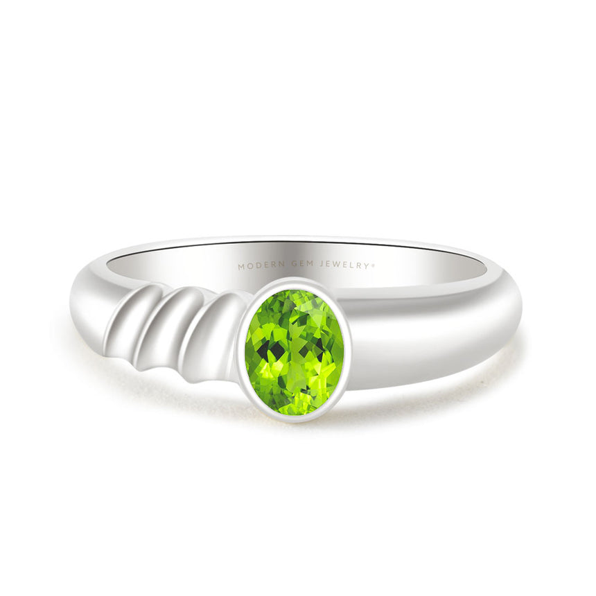 18K White Gold Bezel Set Natural Oval Peridot Cocktail Ring