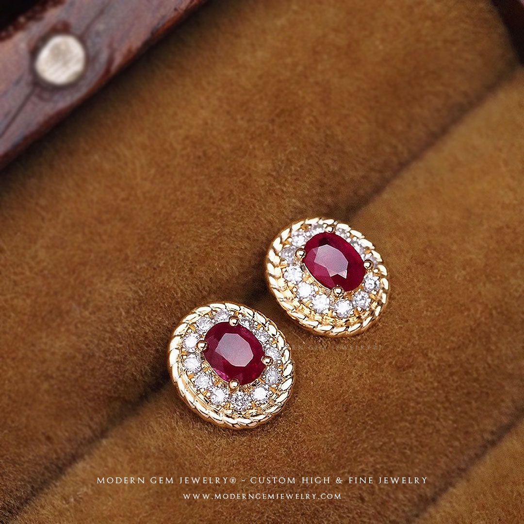 Yellow Gold Ruby and Diamond Halo Earrings | Saratti