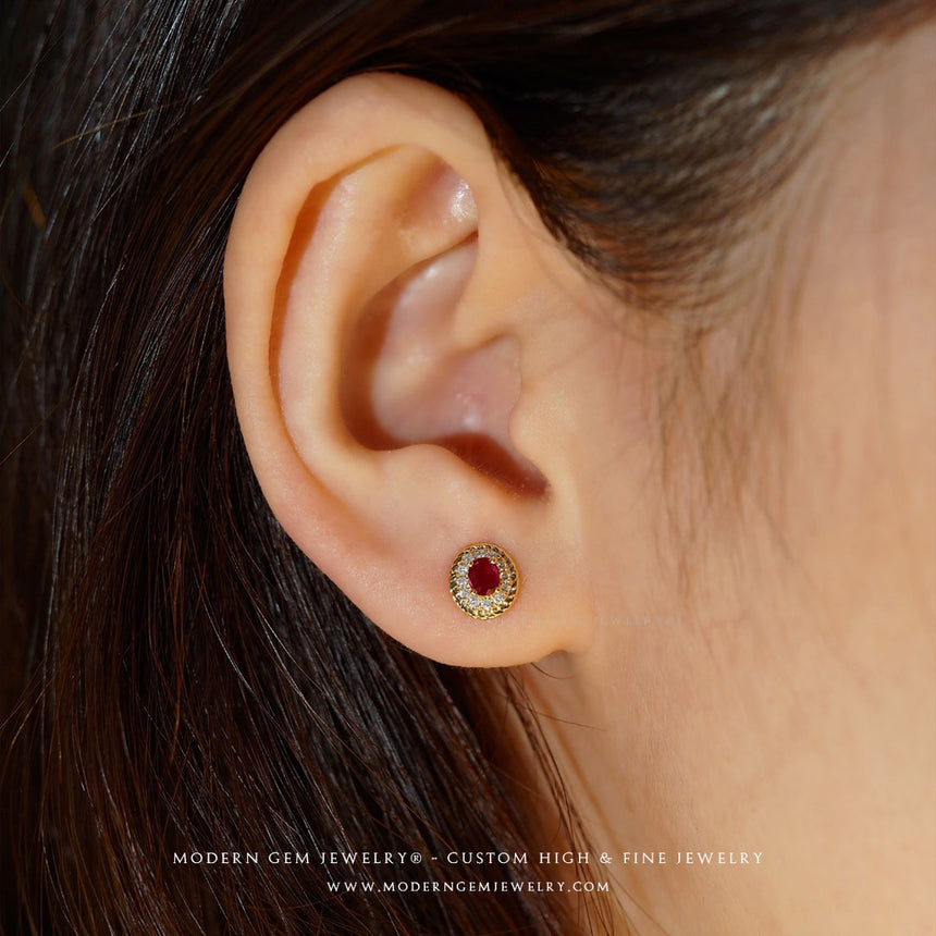 Elegant Ruby Earrings with Diamonds Halo in Yellow Gold | Saratti