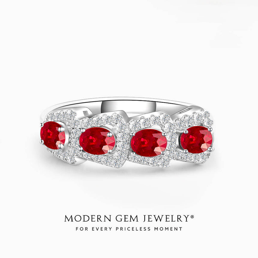 Red Ruby Ring with Natural Diamonds in 18K White Gold Ring | Modern Gem Jewelry | Saratti