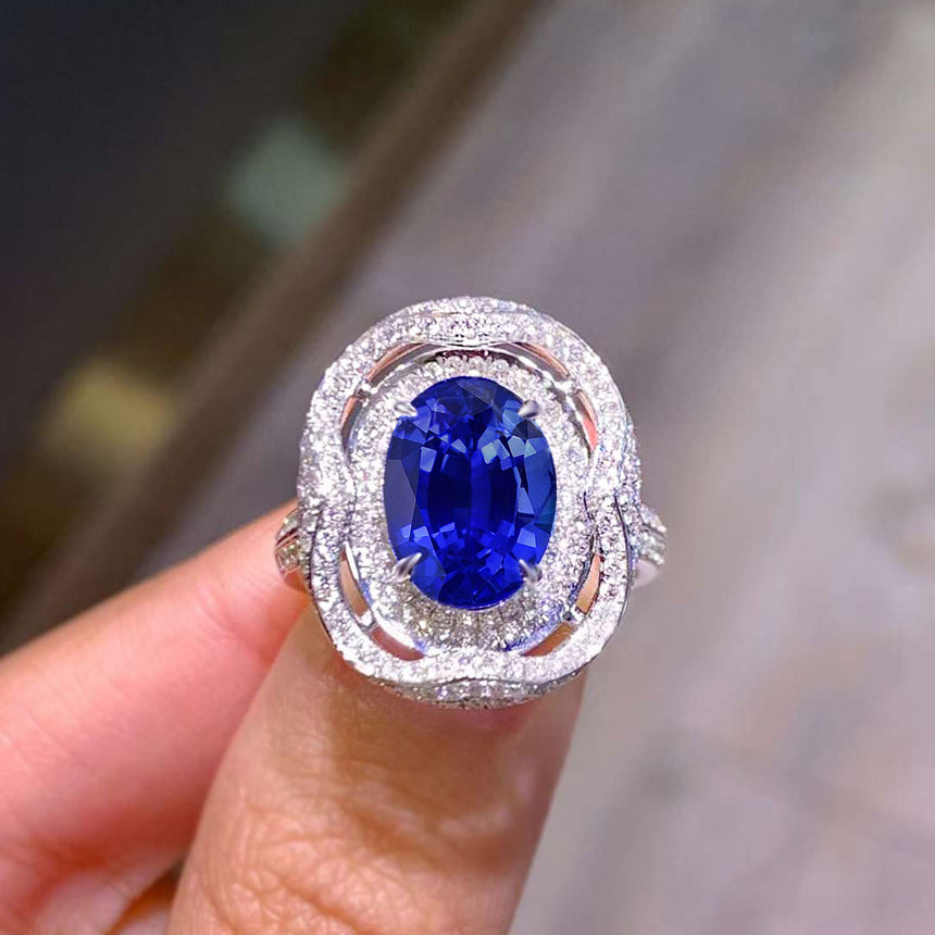 Double Diamond Halo Natural Sapphire Ring
