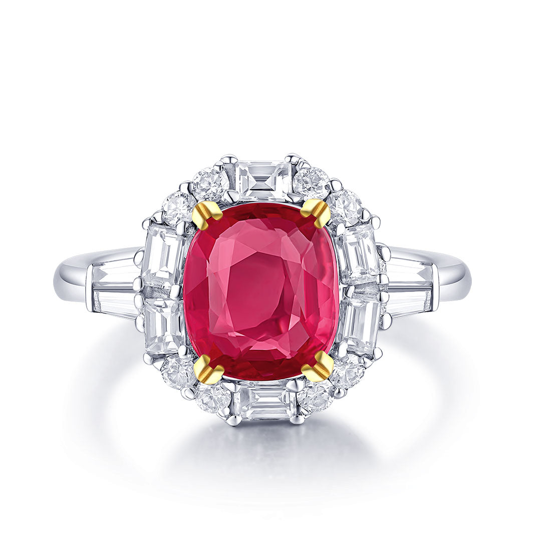 Ruby and Diamond Halo Ring with Gold Prongs in White Gold | 1.6 carat GIA Ruby Ring | Modern Gem Jewelry