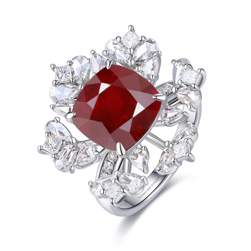 Ruby Gold Ring with 3 carat Pigeon Blood Ruby Diamond Accents | Modern Gem Jewelry | Saratti