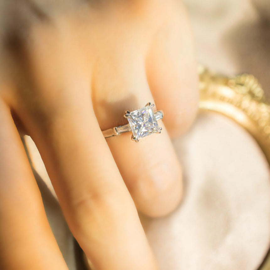 Princess Cut Three Stone Engagement Ring in 18K White Gold