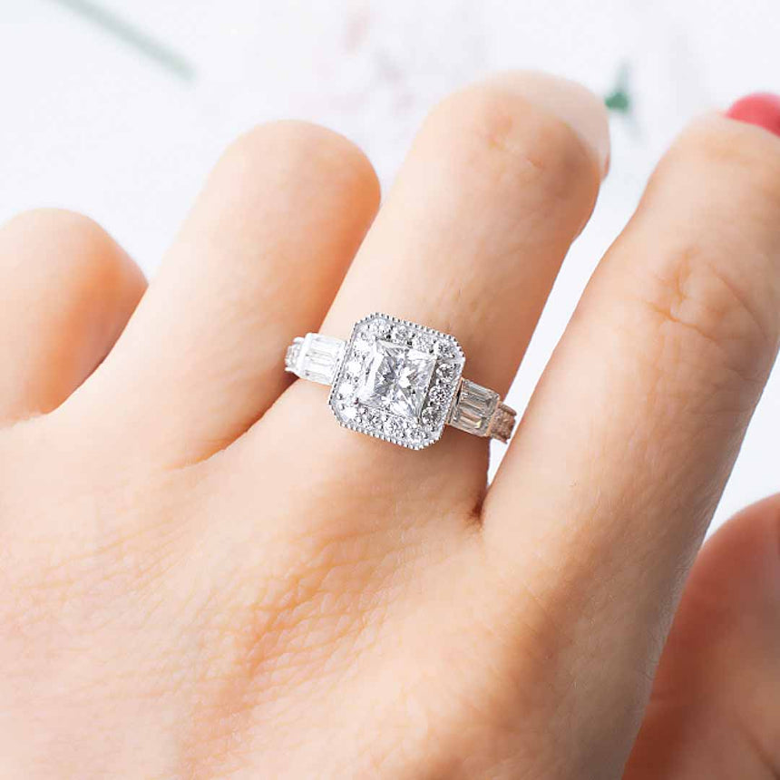 Moissanite Halo Princess Cut Moissanite 18K White Gold Engagement Ring