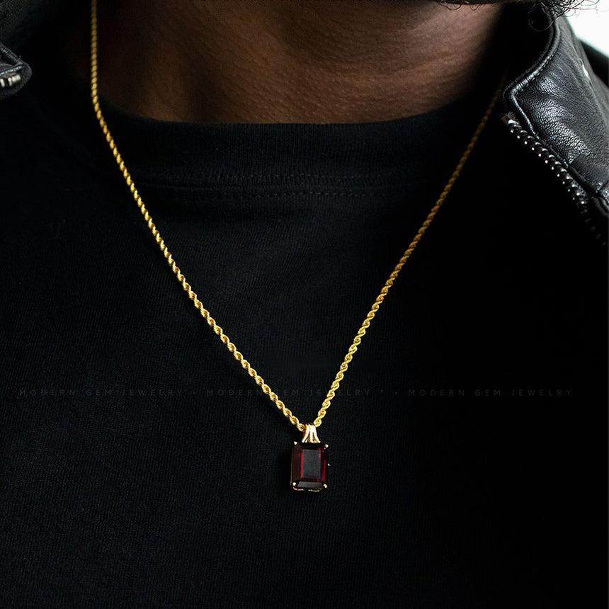 Male Model wears the Crimson Knight Garnet Necklace in Gold | Saratti