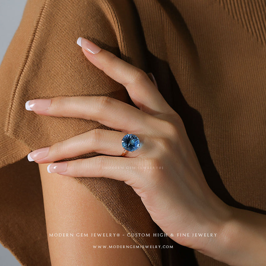 Natural Diamond and Round Swiss Blue Topaz 18K Gold Ring