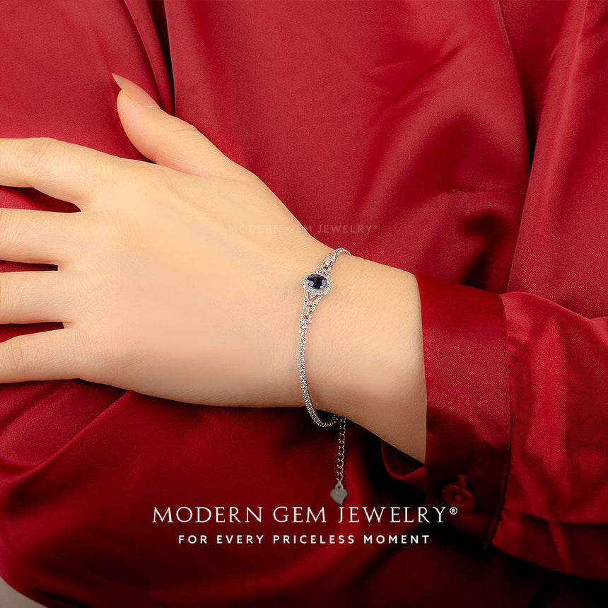 Sterling Silver Blue Gemstone Bracelet | Sapphire and Simulated Diamonds | Modern Gem Jewelry | Saratti