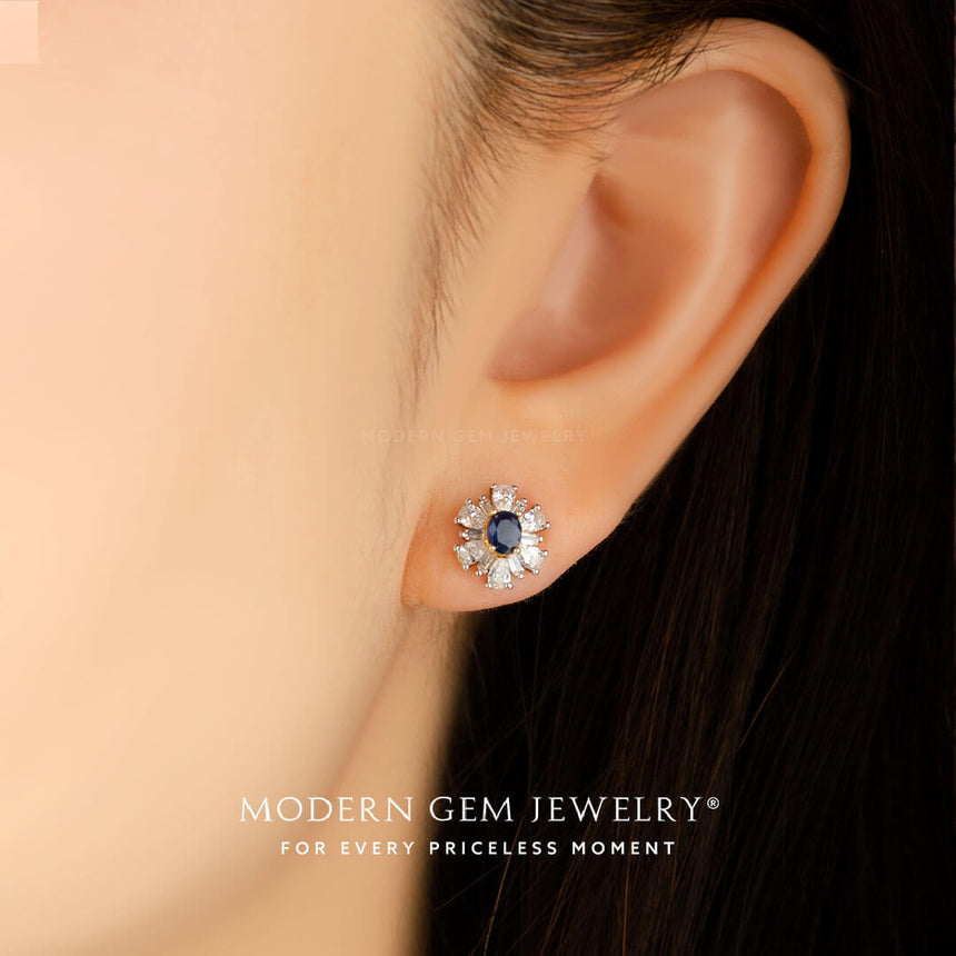 Star motif natural sapphire rose gold stud earrings