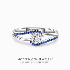 Split Shank Engagement Ring in White Gold with Blue Natural Sapphires in 18K White Gold | Modern Gem Jewelry