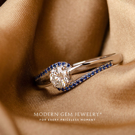 Prong Set Natural Diamond and Sapphire Engagement Ring
