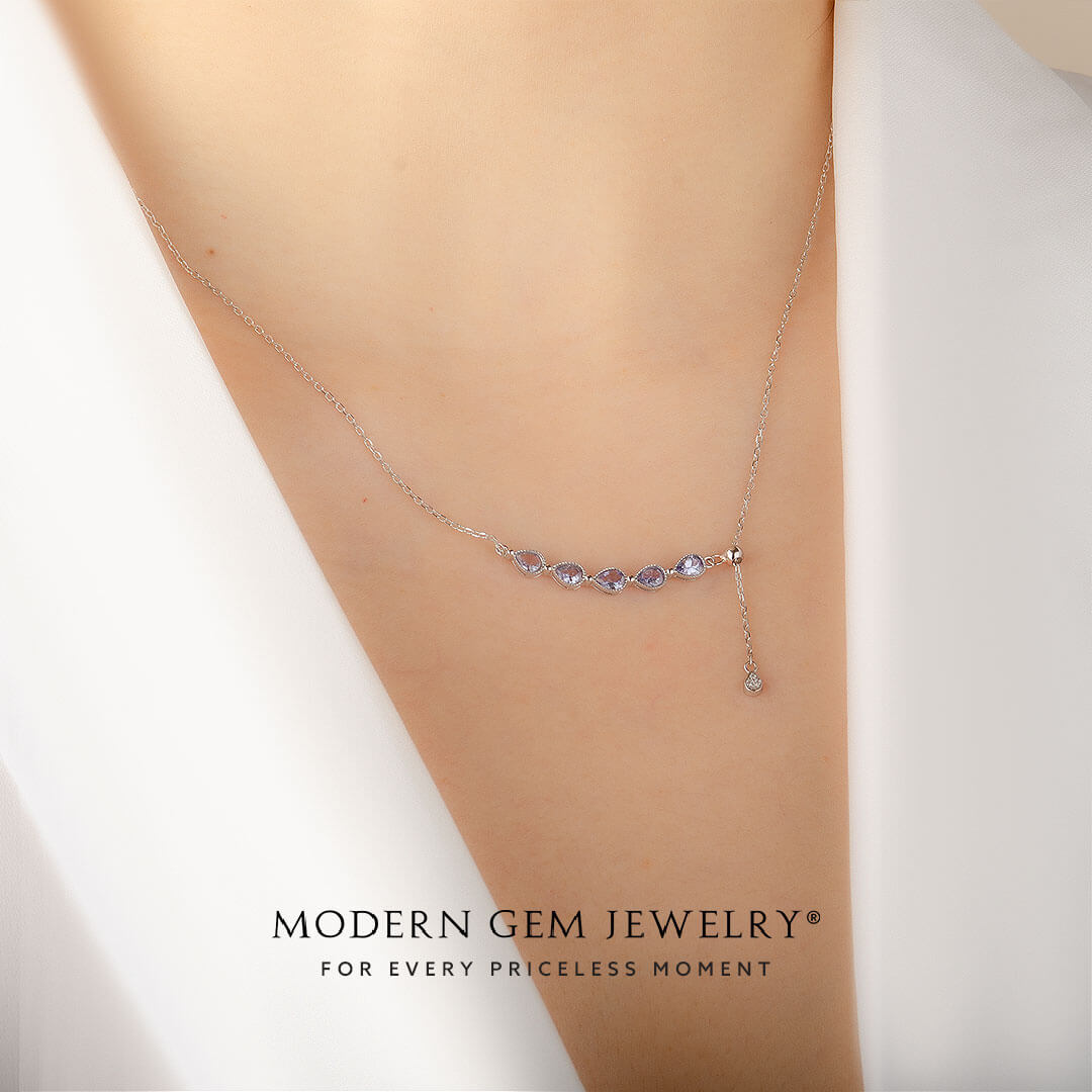 Model Wears the Wisteria Teardrop Tanzanite Necklace | Saratti
