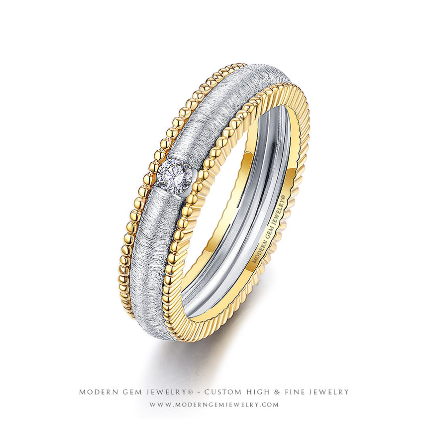 Art Deco Engraved Wedding Band in Two Tone Design | Modern Gem Jewelry