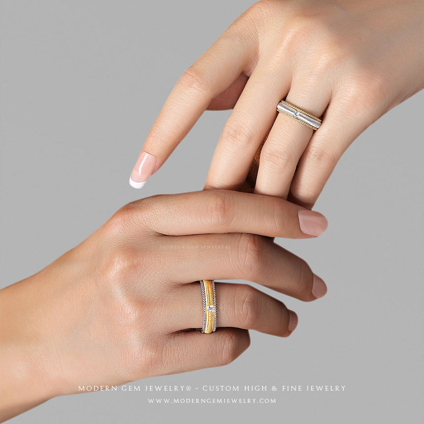 Milgrain Design 18K Solitaire Diamond Wedding Bands