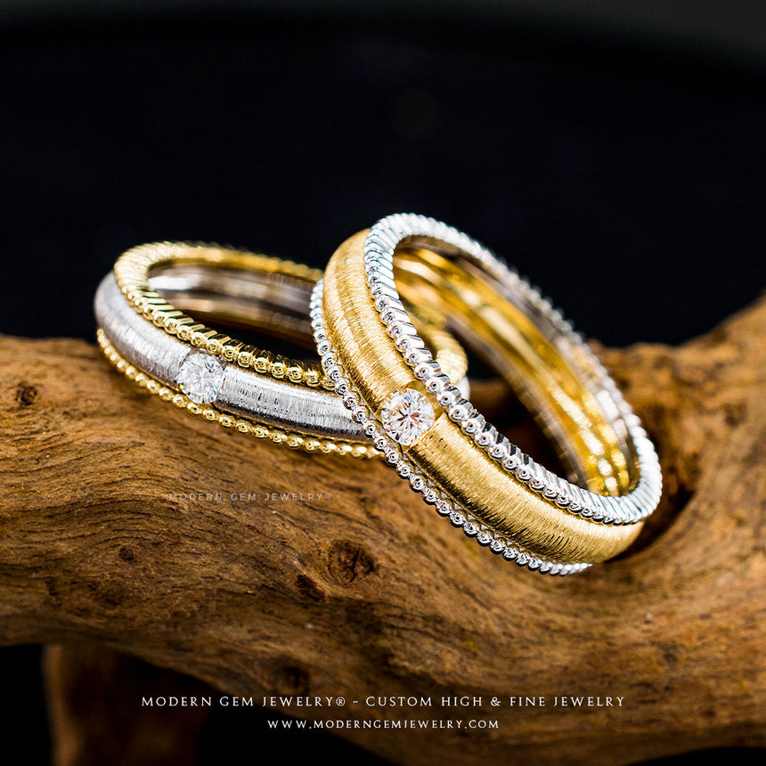 Art Deco Wedding Band in Two Tone Design with Diamonds on Artful Woodblock | Modern Gem Jewelry | Saratti