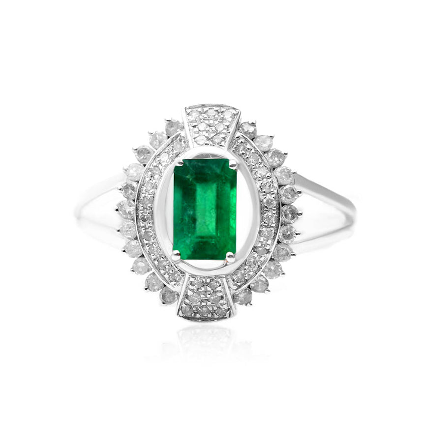 Emerald Cocktail Ring with Diamonds in 18K White Gold | Estate Inspired Ring | Modern Gem Jewelry