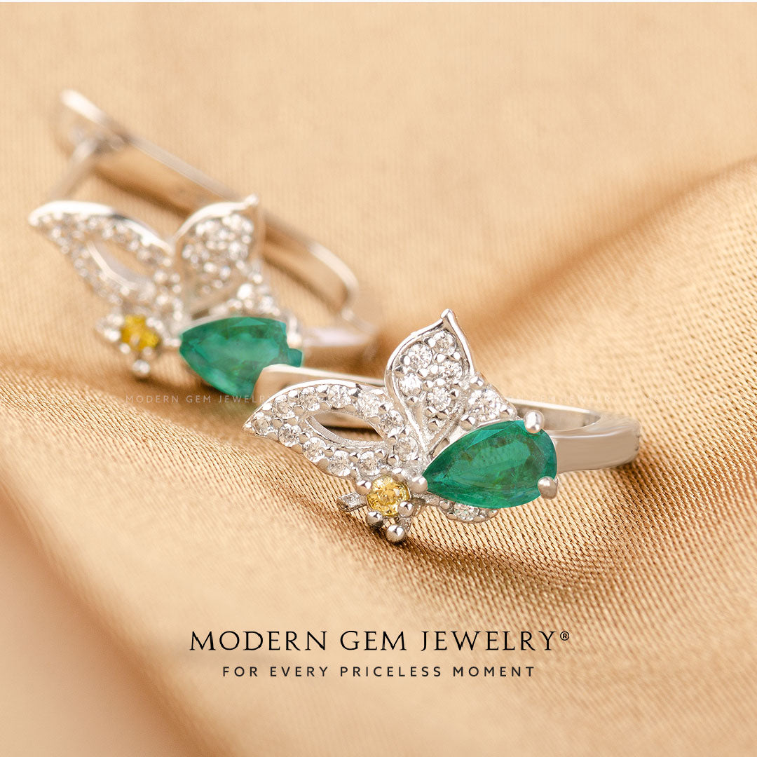 White Gold and Diamond Earrings with Emeralds | Modern Gem Jewelry