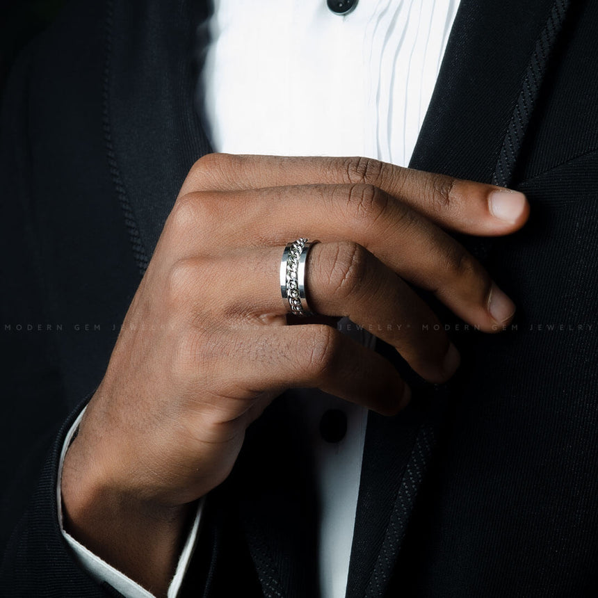 Side Model Perspectives of the El Cubano Cuban Link Ring and White Gold For Men | Custom Made Wedding Bands | Modern Gem Jewelry | Saratti