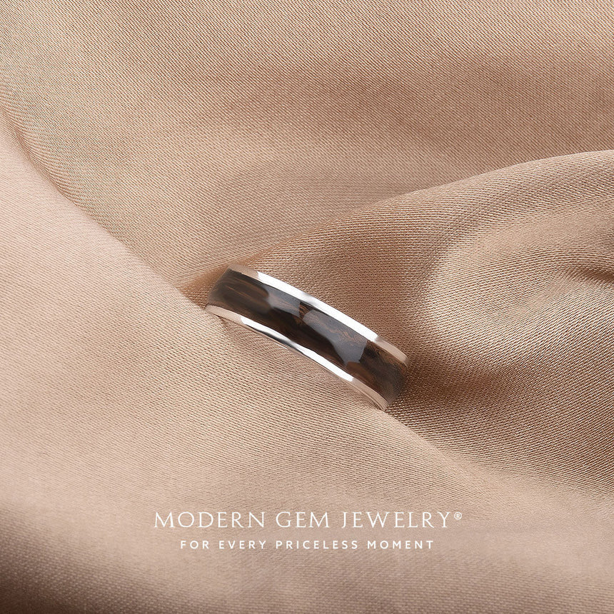 Enamel Ring with Wood Inspired Design in 18K White Gold on Silk Sheets | Modern Gem Jewelry | Saratti