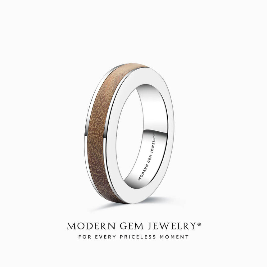 Engraved Women's Wood Inspired Comfort Fit 18K White Gold Band on White Background | Modern Gem Jewelry | Saratti