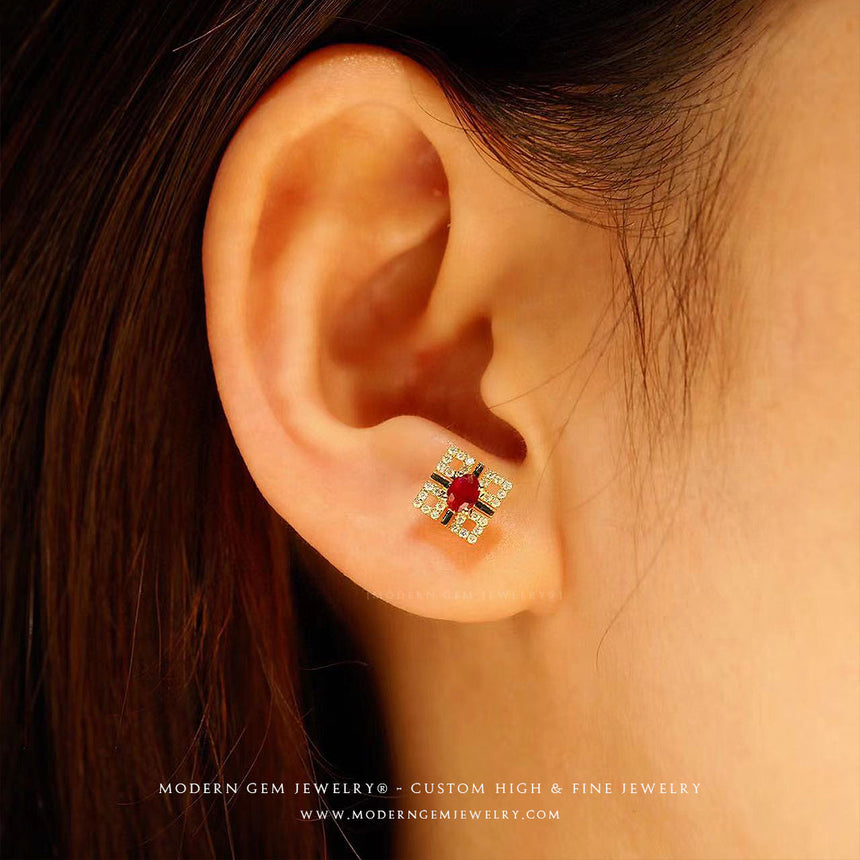 Vintage Ruby Earrings In Yellow Gold | Custom Earrings| Modern Gem Jewelry