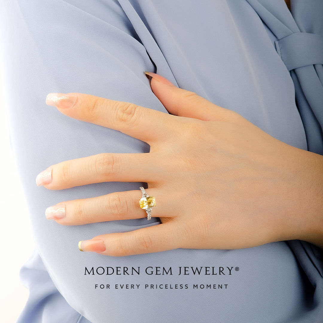 Timeless Three Stone Fancy Yellow Sapphire Ring with Diamonds | Modern Gem Jewelry | Saratti