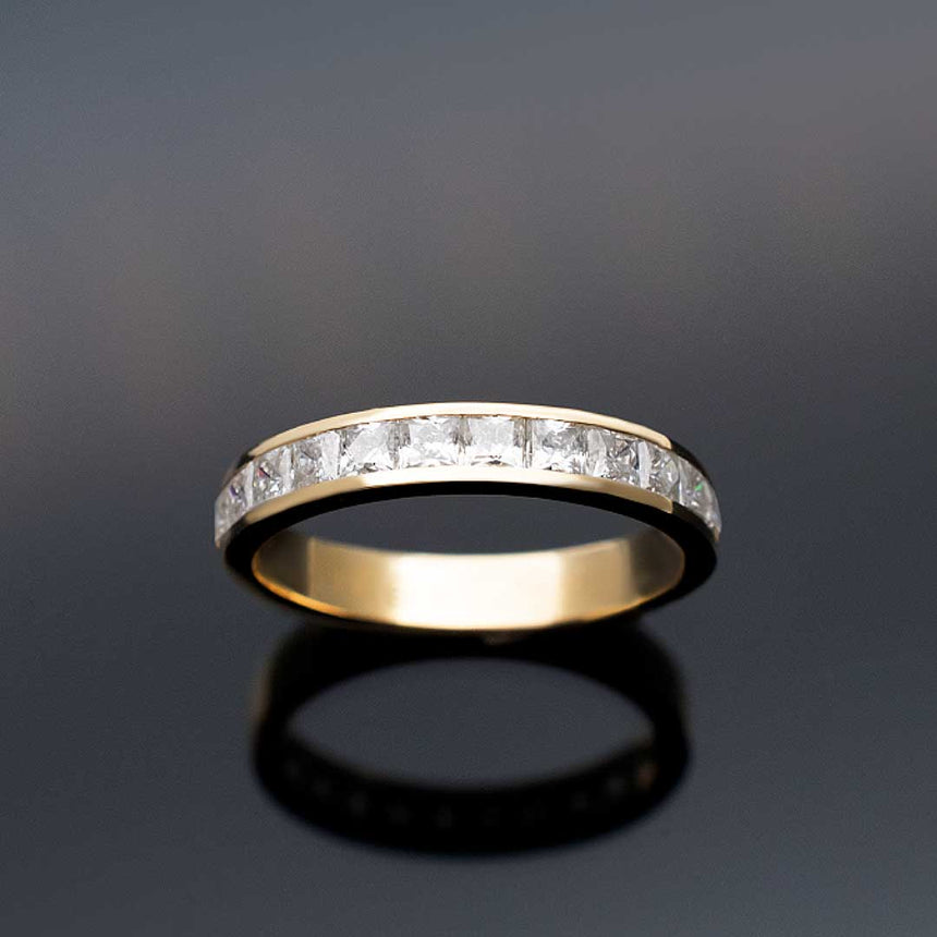 Princess Cut Channel Set Diamond Wedding Band in Yellow Gold | Modern Gem Jewelry | Saratti
