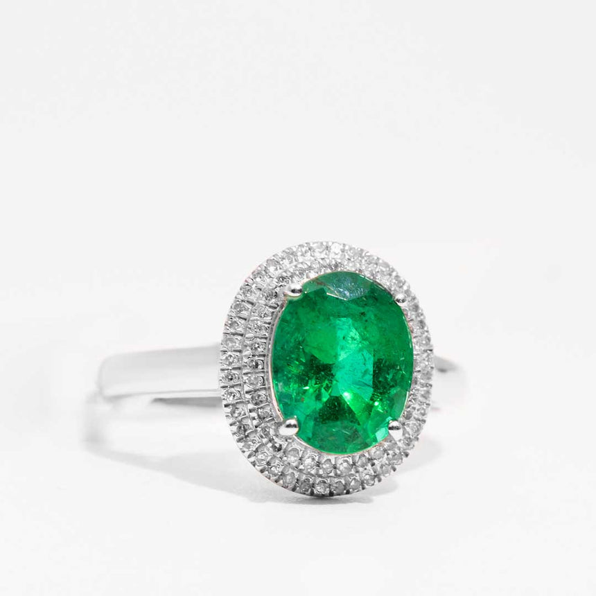 Emerald Birthstone Ring with Double Halo | Saratti Diamonds in 18K White Gold | Custom Made Emerald Engagement Ring | Modern Gem Jewelry