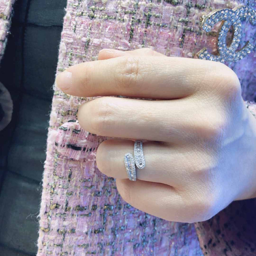 Baguette and Round Diamond Band in White Gold on Model's Finger | Modern Gem Jewelry