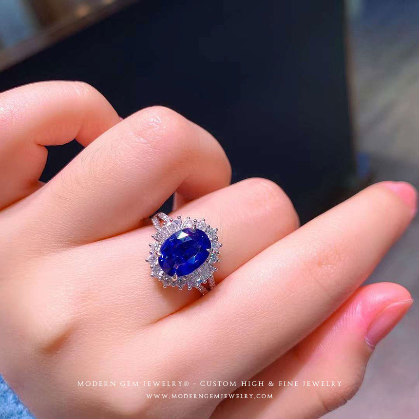 Natural Diamond Halo on Vintage Inspired Royal Blue Sapphire Ring