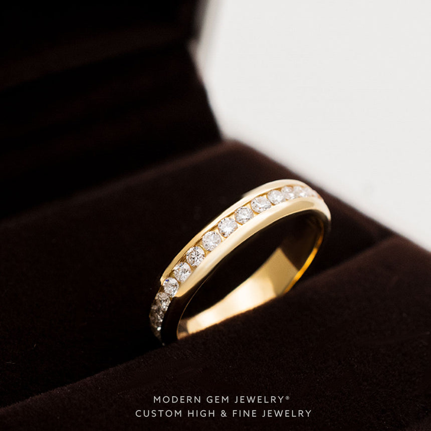 Channel Set Wedding Band in Yellow Gold in Brown Jewelry Case | Modern Gem Jewelry | Saratti
